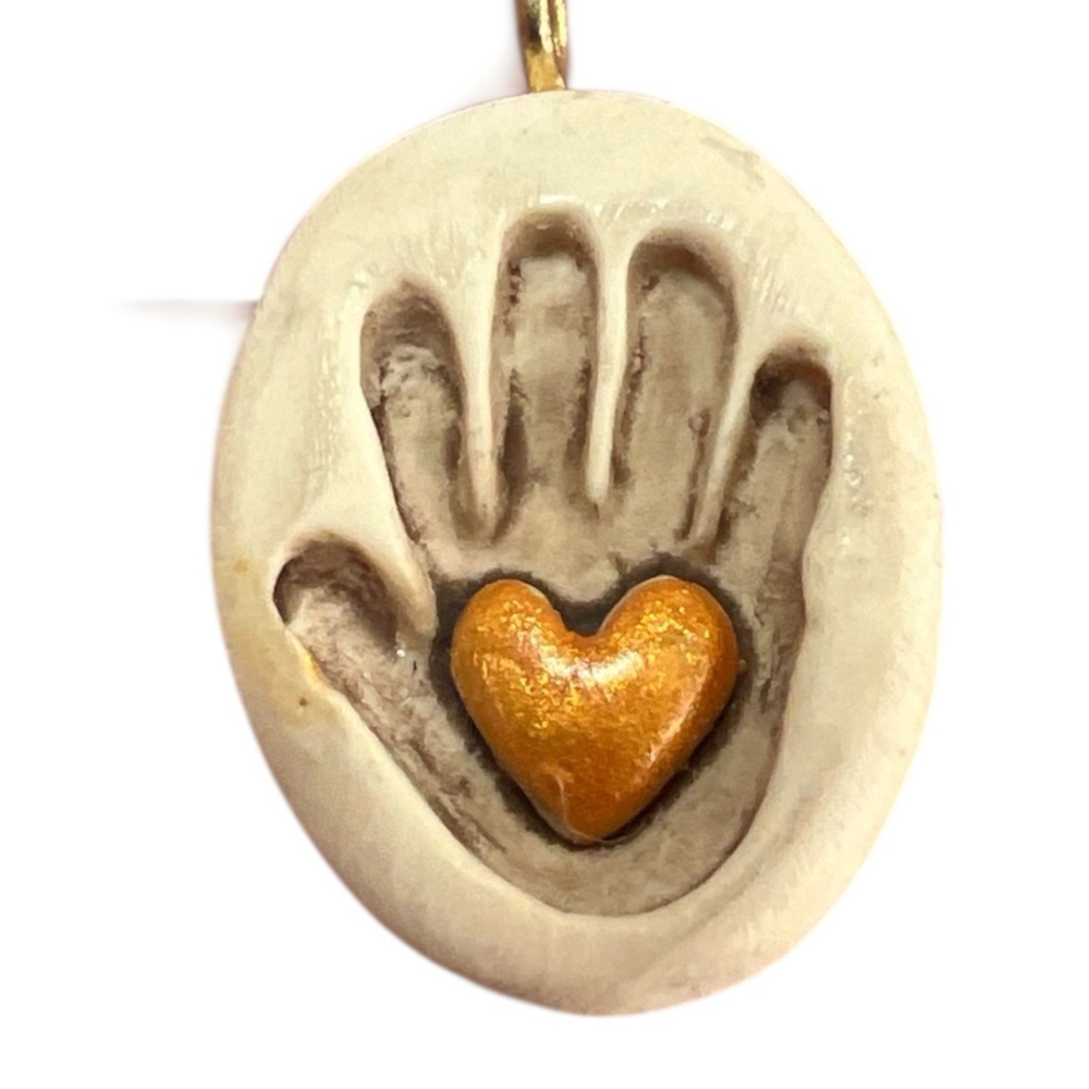 Artist Gold Heart Handprint Pendant for Necklace - Signed SB - Clay Design